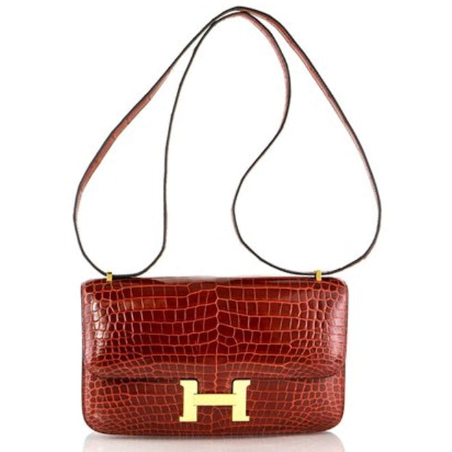 Hermes Constance 25cm Elan Miel Porosus Croc Leather Gold Hardware Double Gusset Shoulder Bag