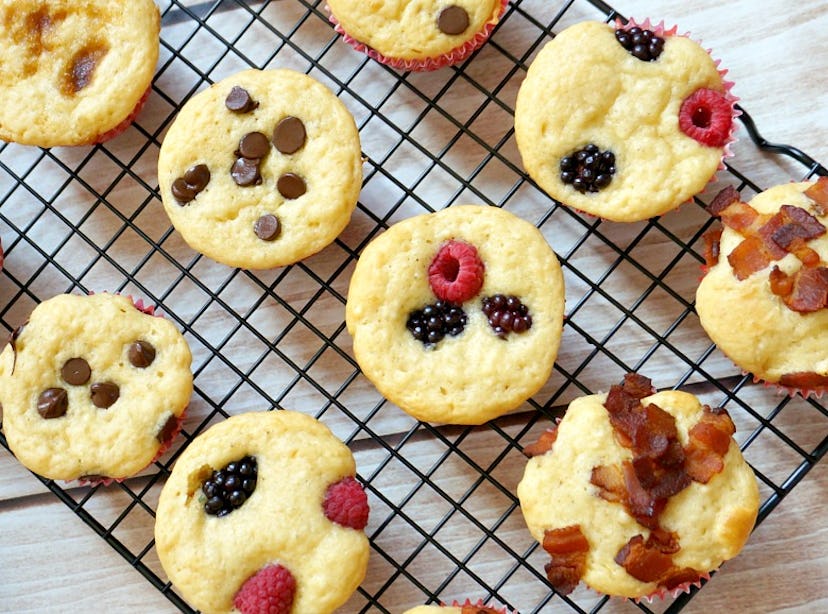 assorted mini pancake muffins on cooling wrack