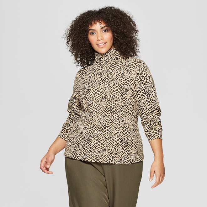 Who What Wear™ - Women's Plus Size Leopard Print Long Sleeve Turtle Neck
