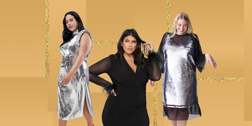 Three models wearing plus-size New Year's Eve dresses in black and metallic silver