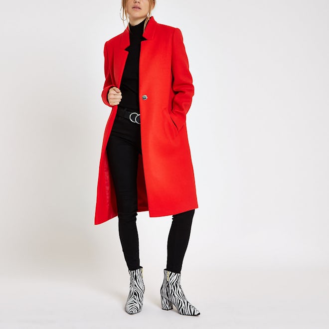 Red Collarless Longline Coat