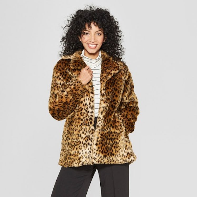 Women's Faux Fur Leopard Print Shawl Jacket - A New Day™ Tan