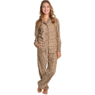 Angelina Brown Leopard Fleece Long Sleeve Pajama Set w/ Long PJs Pants Sleepwear