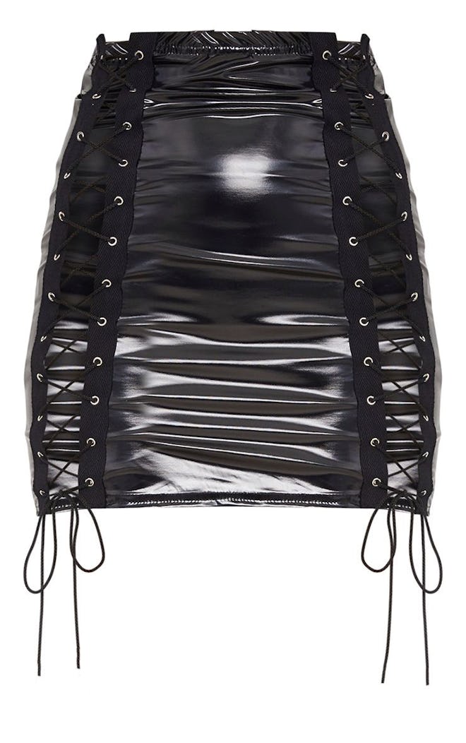 Black Vinyl Double Lace Up Skirt