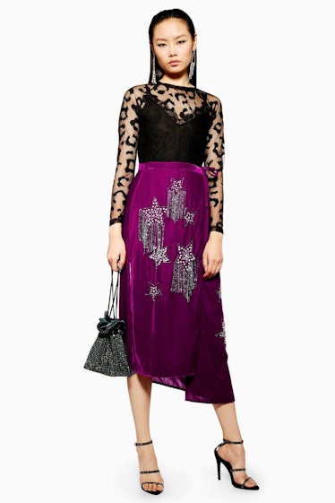Embellished Velvet Midi Skirt