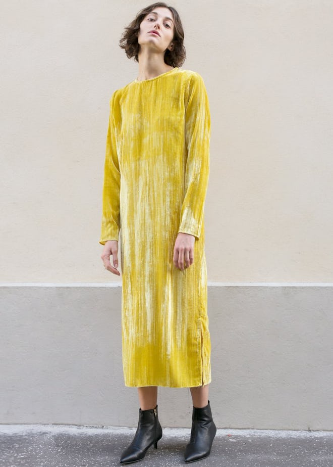 Yellow Crushed Velvet Midi Dress