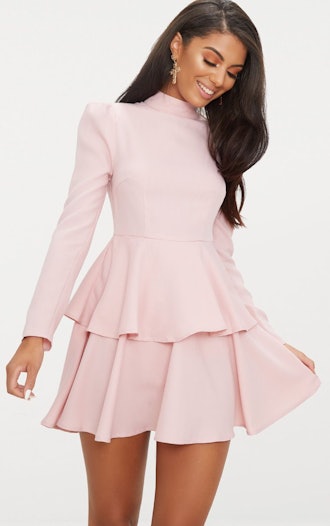 Dusty Pink High Neck Tiered Skater Dress 