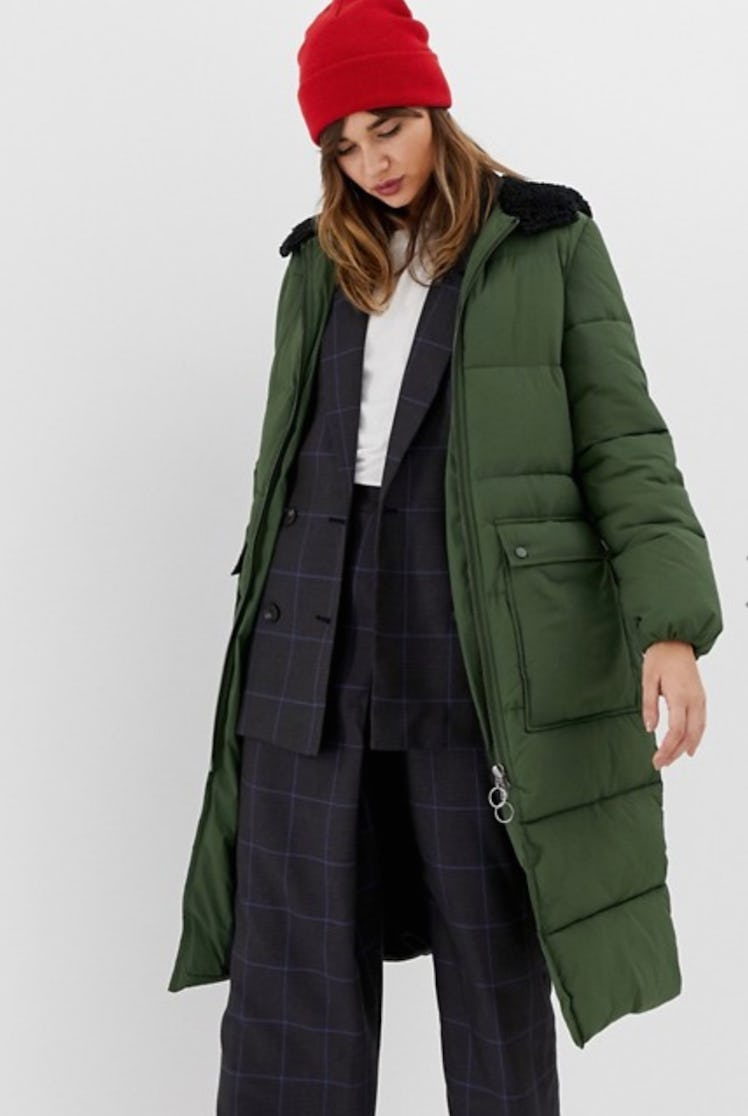 Stradivarius hooded maxi puffer coat in green