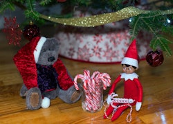 an elf on the shelf doll in front of a Christmas tree with candy canes
