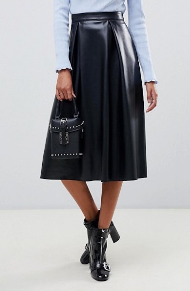 Leather Look Full Midi Skirt With Box Pleats
