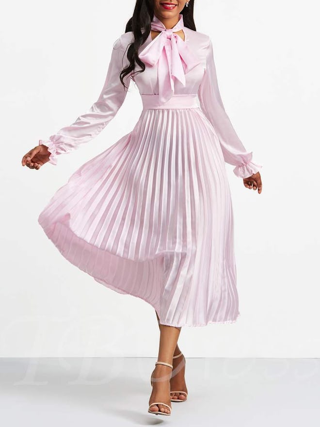 Pink Tie Neck Long Sleeve Women's Day Dress