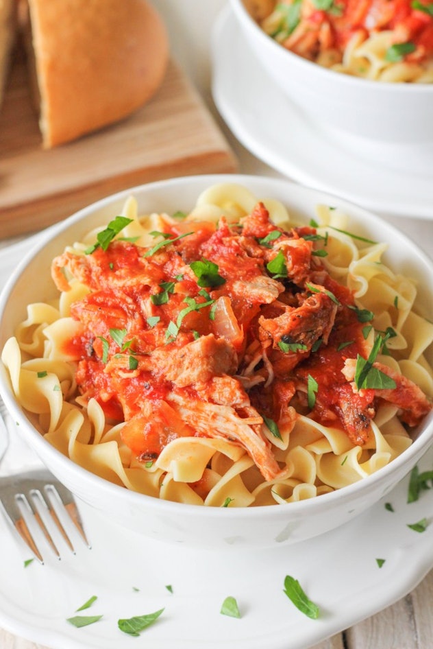 Bowl of pasta with ragu sauce on top