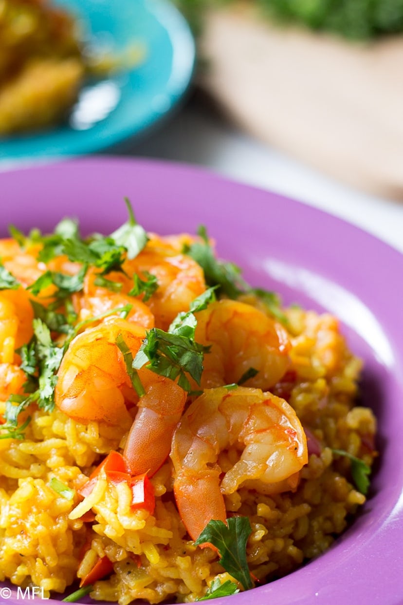 shrimp paella in a bowl