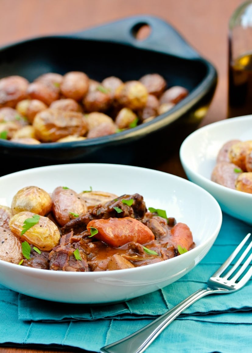 venison and whole mini potatoes in a stew in bowl