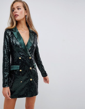 Missguided Double Breasted Sequin Blazer Mini Dress in Green