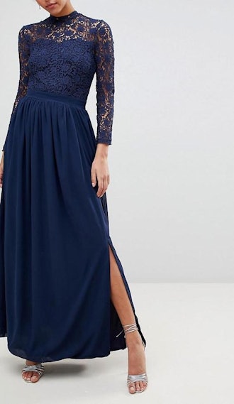 Club L High Neck Crochet Lace Maxi Dress With Long Sleeves