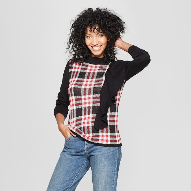 Plaid Jacquard Ruffle Pullover