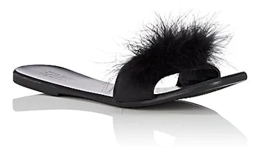 BARNEYS NEW YORK Feather-Embellished Leather Slide Sandals