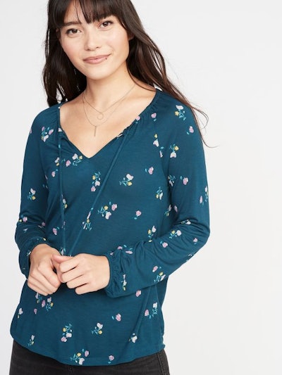 Relaxed Tie-Neck Balloon-Sleeve Top for Women