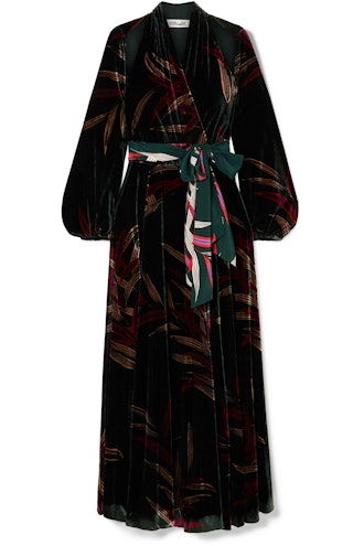 Diane von Furstenberg Cutout Printed Velvet Wrap Maxi Dress