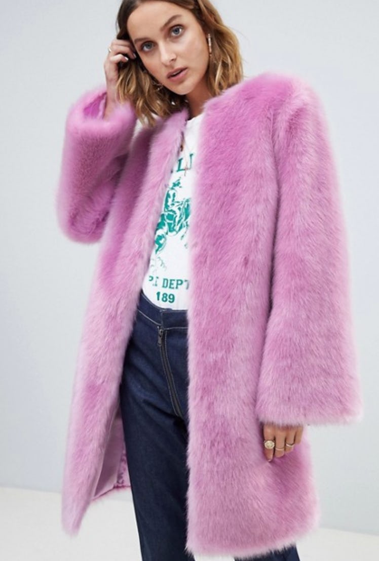 ASOS DESIGN faux fur midi coat with flared sleeve