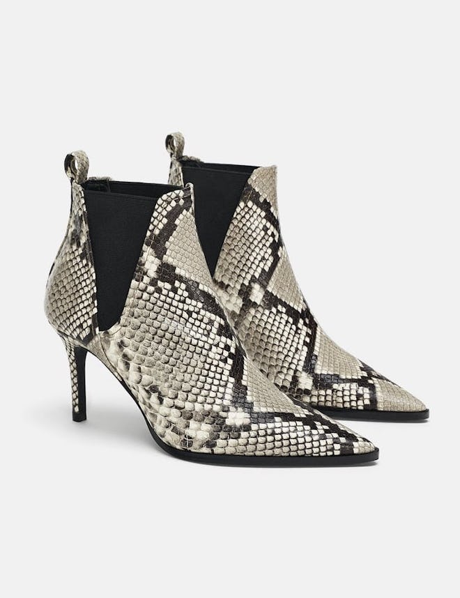 Snakeskin Print Heeled Leather Ankle Boots