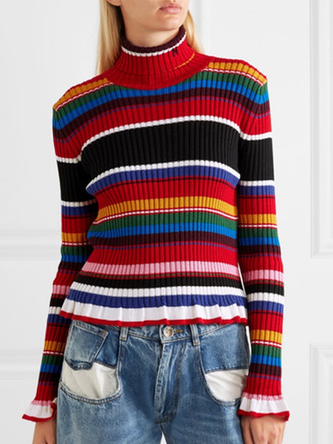 Striped Ribbed Wool-Blend Turtleneck Sweater