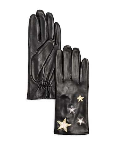 Aqua Star-Embroidered Leather Tech Gloves