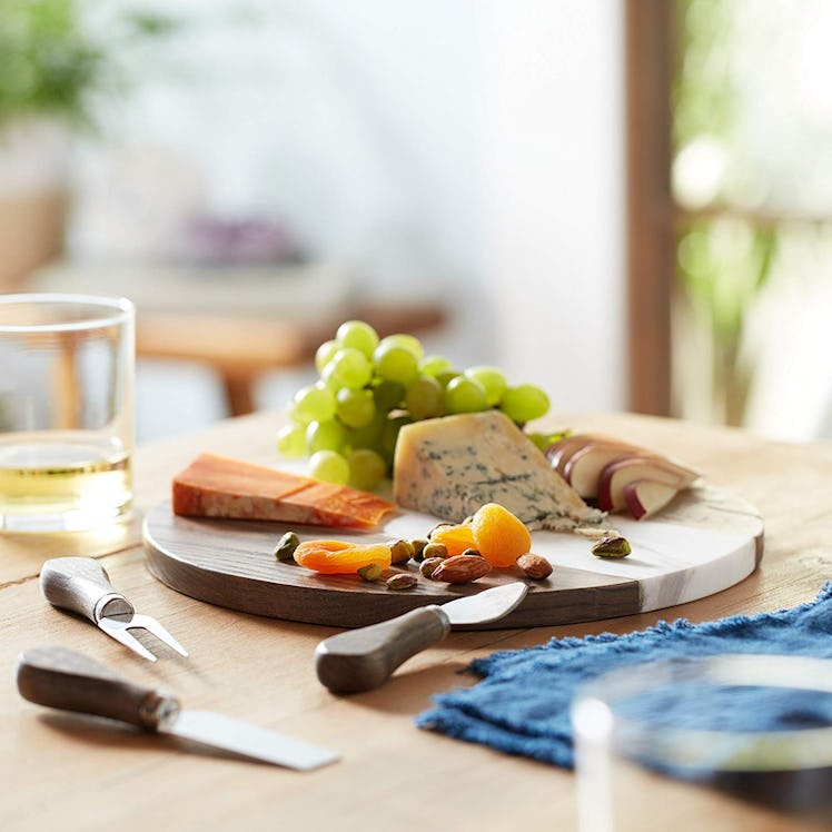 Prologue Handcrafted Wood and Marble Cheese and Appetizer Board with 3 Wood-Handled Cheese Knives