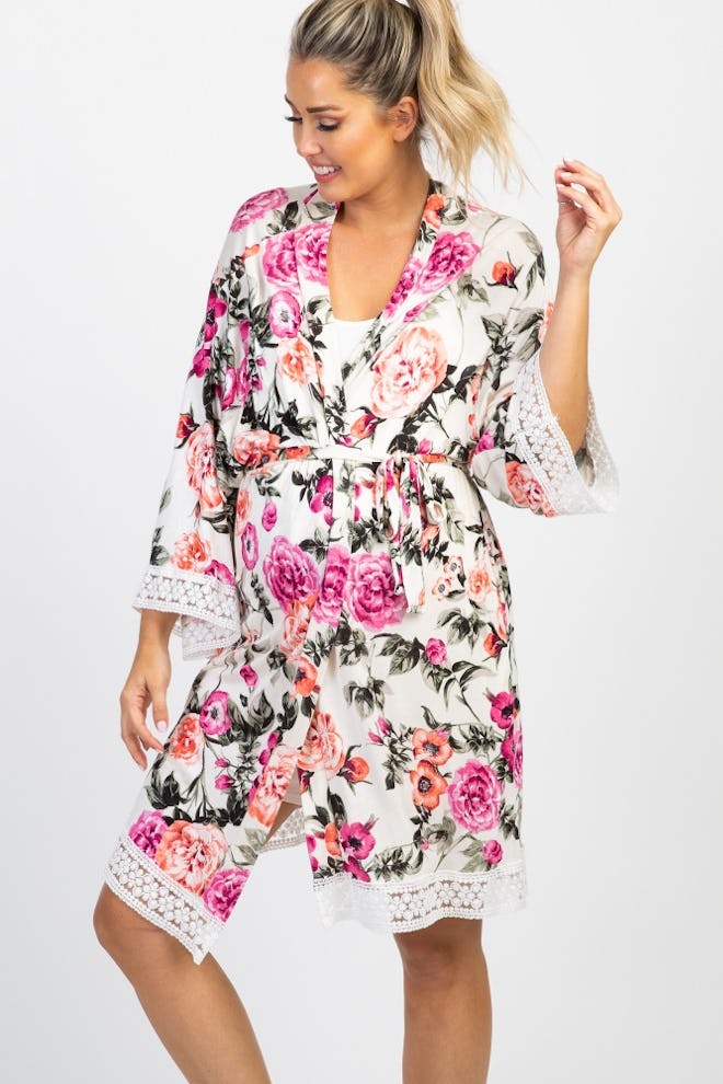 Ivory Floral Lace Trim Maternity Robe