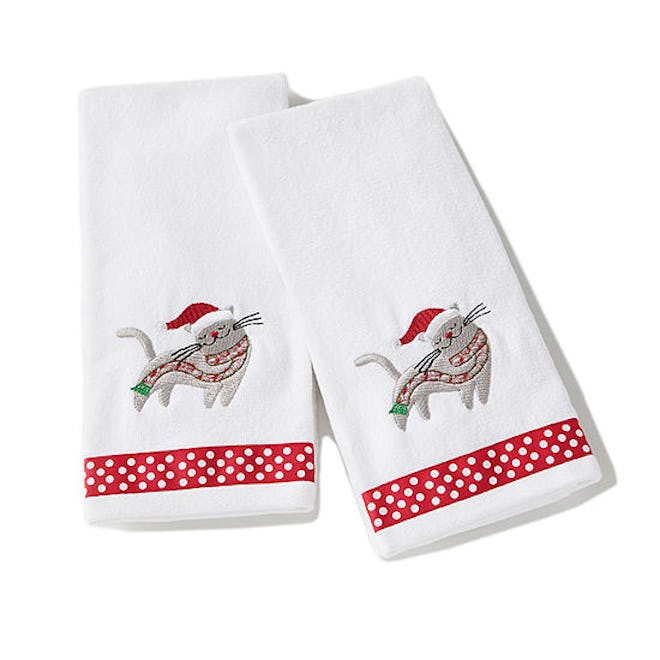 Christmas Kitten 2-Pc Embroidered Hand Towel