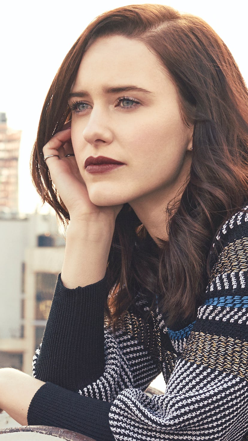 Rachel Brosnahan looking at the city from a rooftop