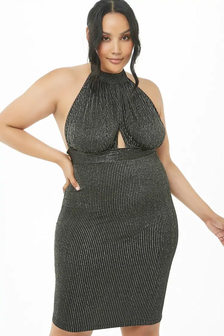 Plus Size Metallic Striped Cutout Halter Dress