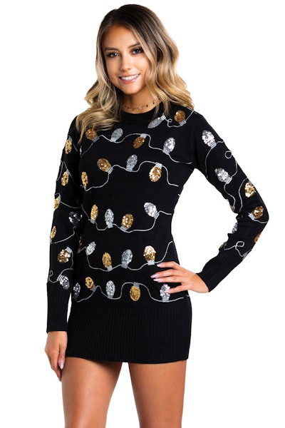 Women's Christmas Light Strand Sequin Sweater Dress
