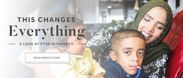 A woman with hijab holding her two kids in a "This Changes Everything", a look at PTSP in parents Ro...