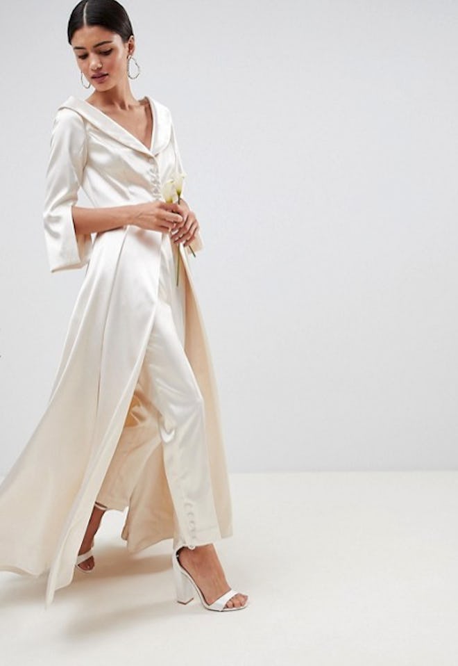 ASOS EDITION Wedding Satin Off the Shoulder Full Length Jacket and Tapered Pants