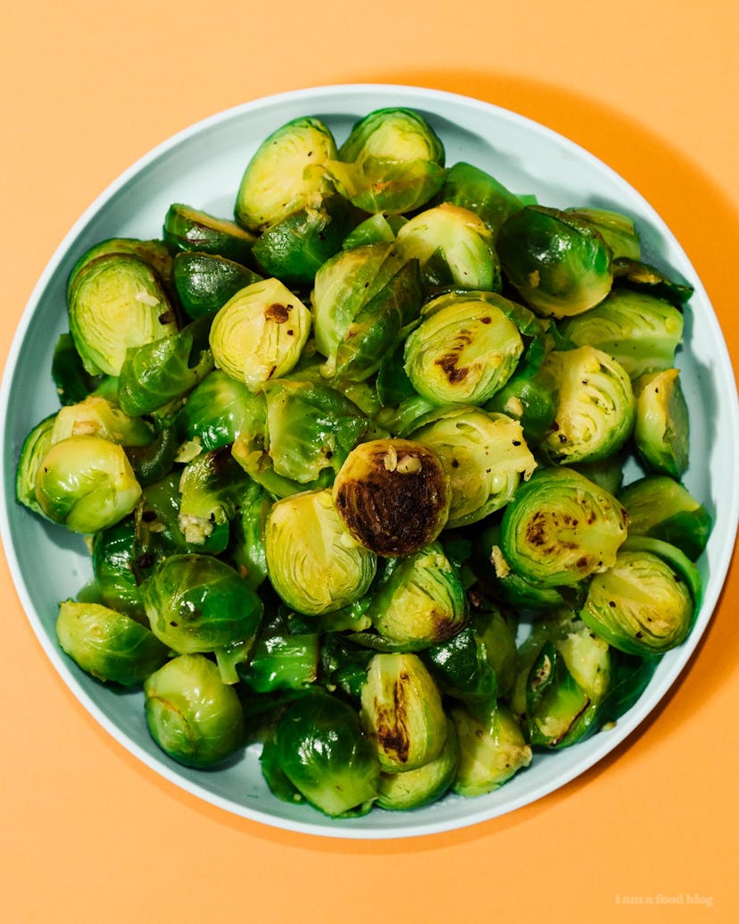 plate of cooked brussels sprouts 