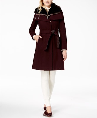 Faux Fur Collar Belted Wool Coat With Bib
