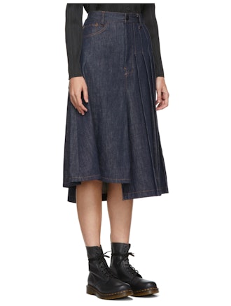 Indigo Asymmetric Pleated Denim Skirt
