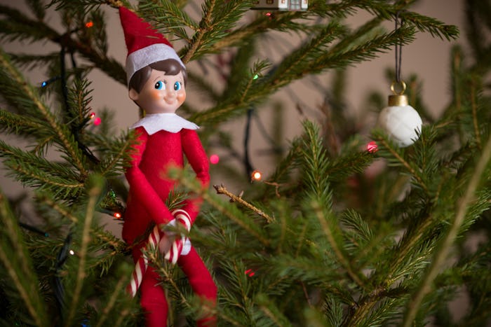 and elf on the shelf perched in a Christmas tree
