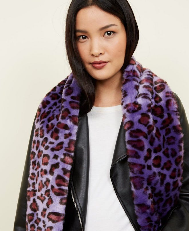 Purple Leopard Print Faux Fur Stole Scarf