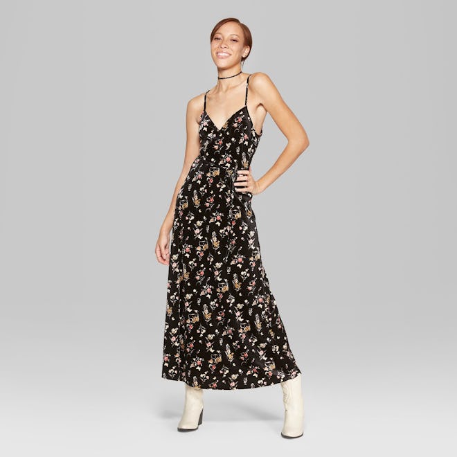Women's Floral Print Strappy Wrap Velvet Maxi Dress - Wild Fable™ Black