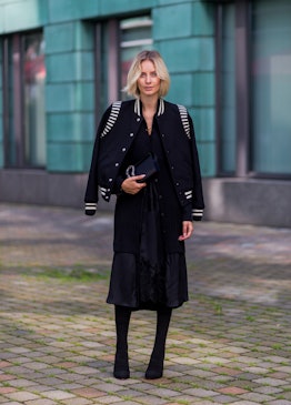 Style a slip dress for winter with head-to-toe black. 