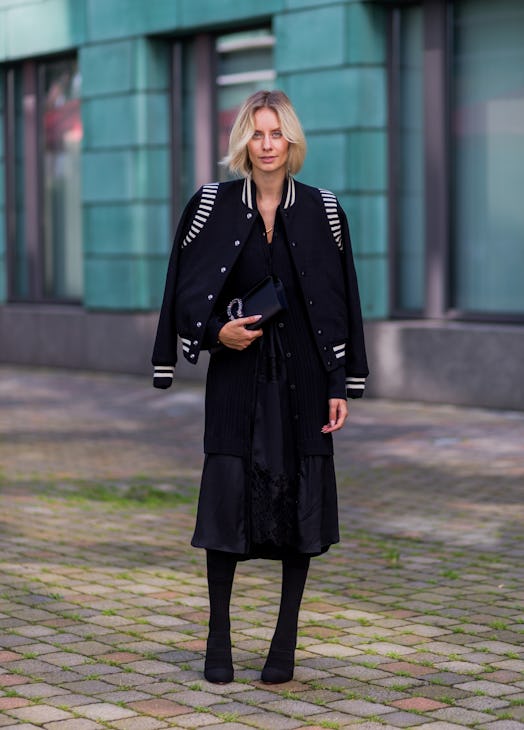 Style a slip dress for winter with head-to-toe black. 