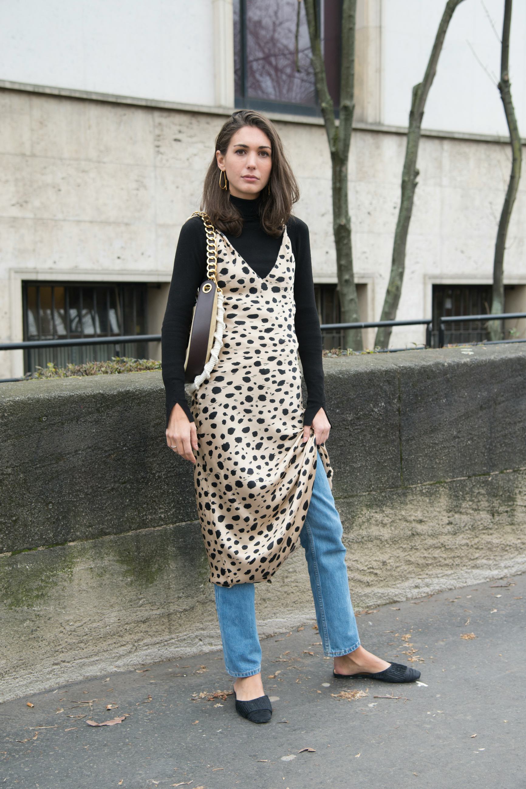 yellow slip dress with turtleneck