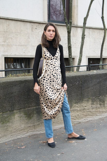 Slip dress winter outfit with jeans