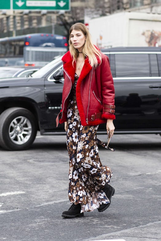 Pair a slip dress in winter with a thick shearling coat. 