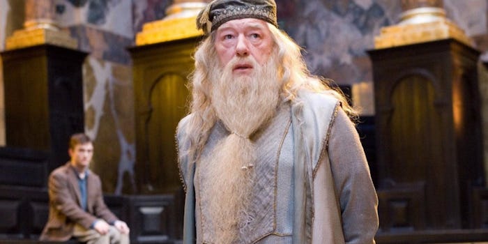 Dumbledore from the Harry Potter movies, looking into the distance