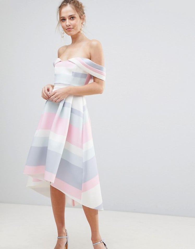 Bardot Cold Shoulder Dip Back Pastel Stripe Prom Dress, $95, ASOS
