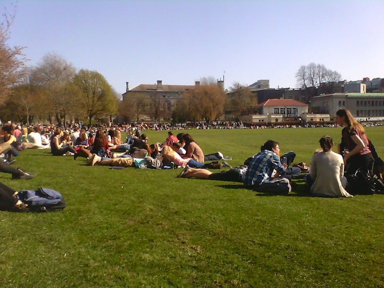 A campus lawn with students hanging out and laying on the ground.